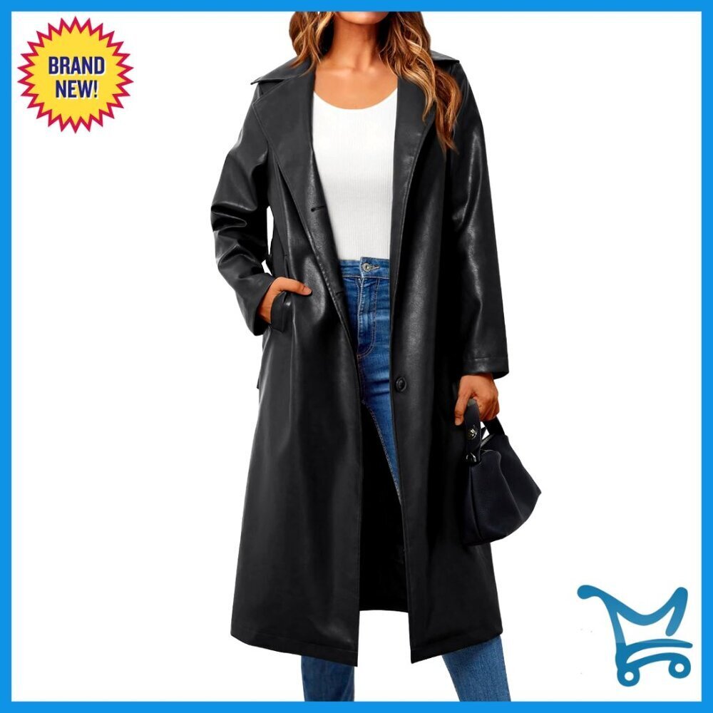 Faux Leather Trench Coat Long Lapel Open Front Belted Chic Elegant Blazer